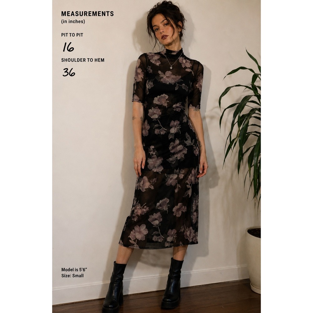 Potter's Pot Mesh Dress M Black Floral Mock Neck Sheer Short Sleeve Midi Goth
